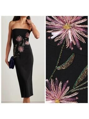 NWT STAUD Brooke Black Beaded Jersey Floral Flower Designer Sequin Dress Large